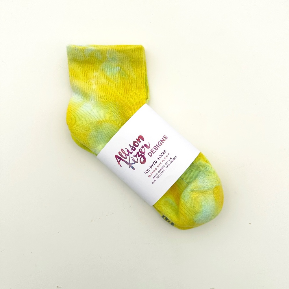 Ice Dye Citron Neon Yellow Ankle Socks, Mid Crew Tie Dye Lime Hand Dyed Socks - Picture 2 of 4